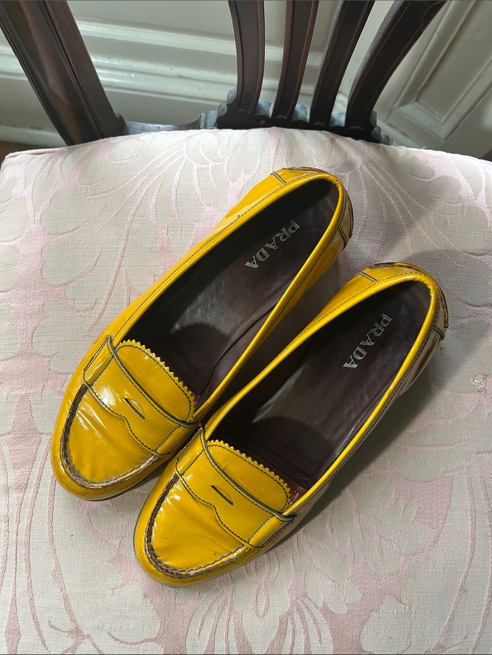 Prada Yellow Patent Leather Penny Loafers
